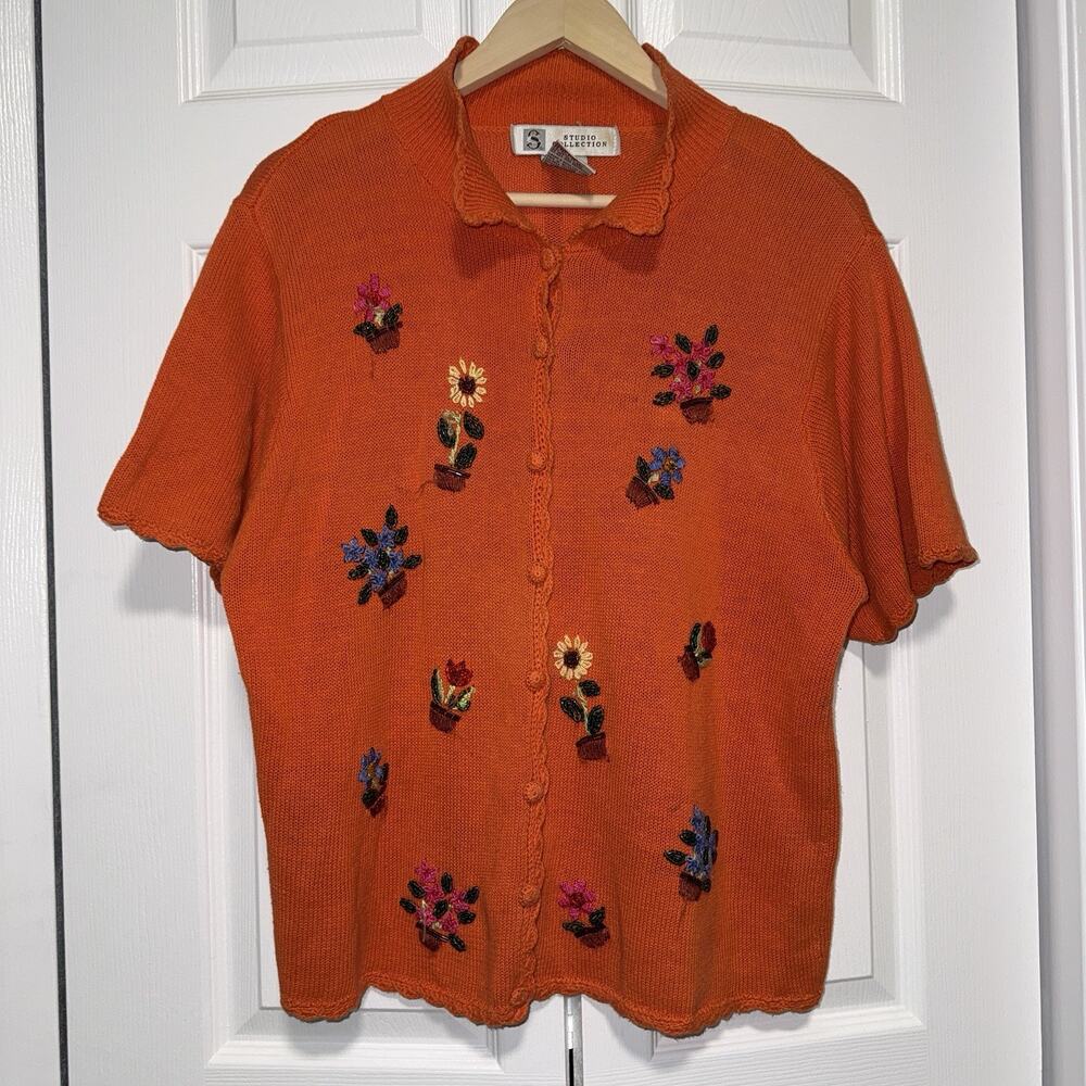 Studio Collection Orange Floral Embroidered Knit Collared Cardigan Sweater L